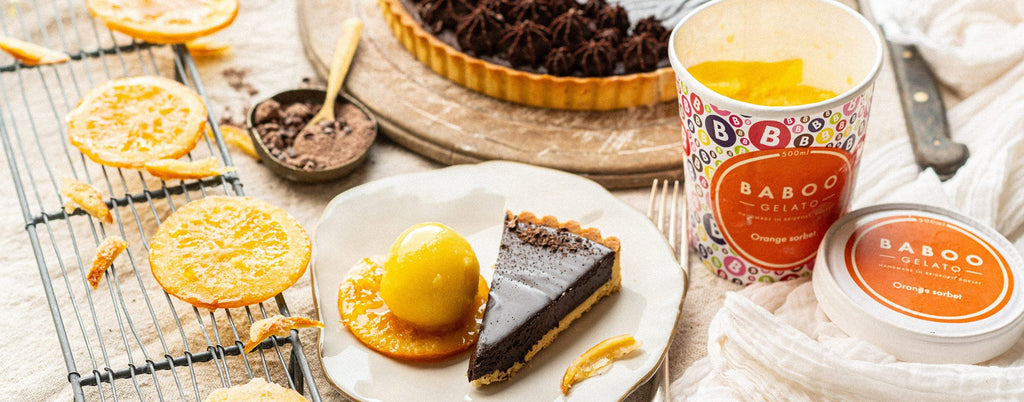 Chocolate tart recipe served with Orange sorbet