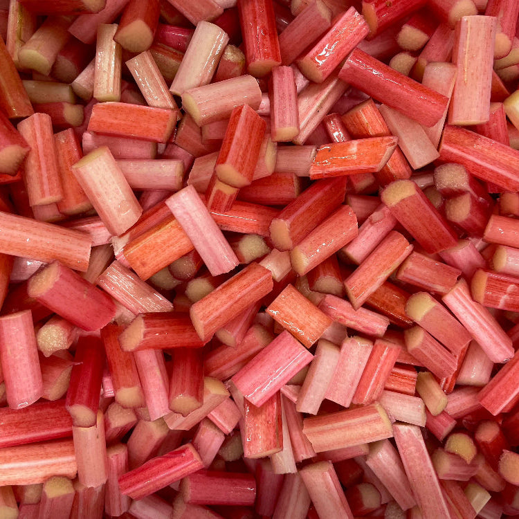 Lots of chopped rhubarb being washed 