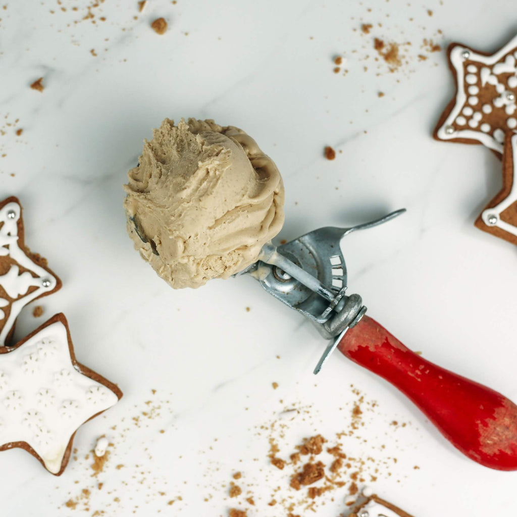 Gingerbread gelato on a scoop with red handle surround by iced gingerbread stars